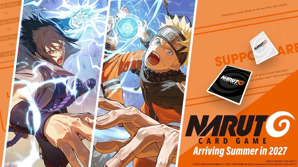 NARUTO Card Game key art — Naruto and Sasuke, arriving Summer 2027